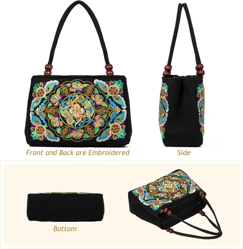 Vista 5 de Jursccu Bolsas de hombro étnicas bordadas de doble cara Bolso de viaje para playa