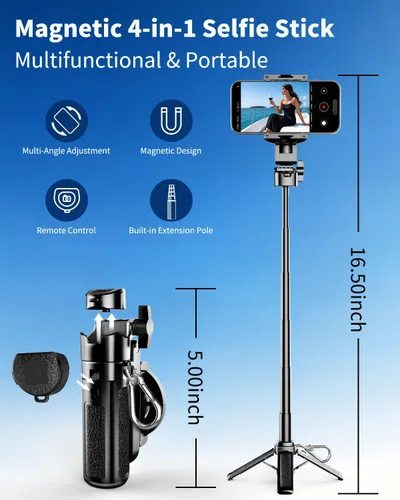 Vista 2 de Mini trípode magnético para selfie, soporte de teléfono extensible 4 en 1 con control remoto inalámbrico, tamaño de bolsillo para viajes, vlog