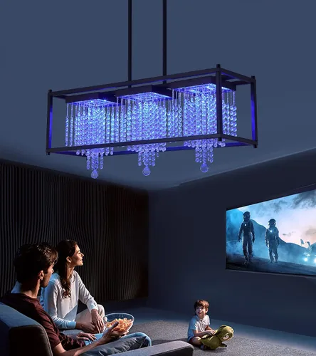 Vista 3 de MEIXISUE Candelabros modernos de cristal K9 RGB LED Rectango, lámparas de araña para comedor, sala de estar, cocina, isla de 33.86 pulgadas de largo