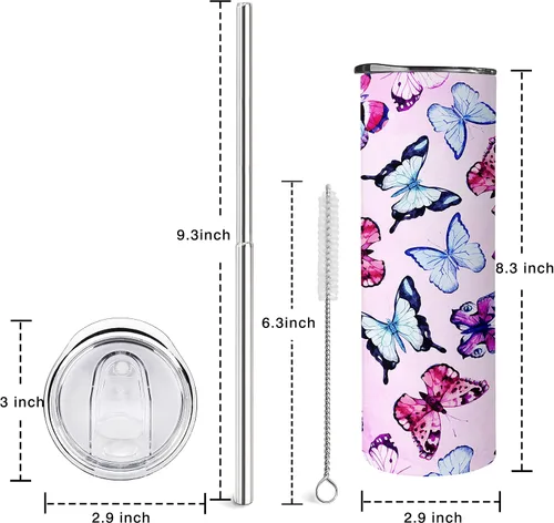 Vista 7 de Regalos de mariposa para mujer, decoración de mariposas, el mejor regalo de cumpleaños, 20 onzas con tapa y pajita, taza de viaje de acero
