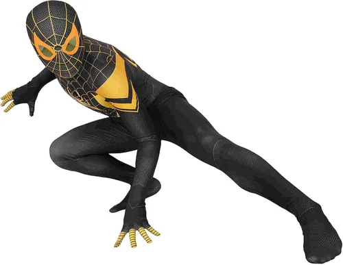 Vista 3 de GFSW Disfraz de superhéroe de Miles Morales para Halloween y cosplay, enterizo de elastano para adultos y niños, Dorado, Negro, Adult-L