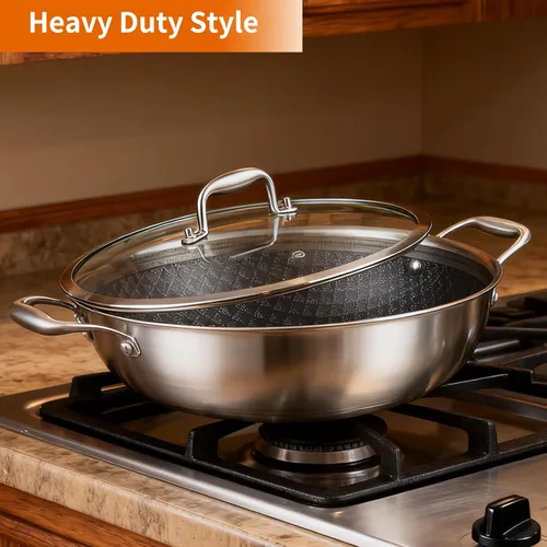 Vista 4 de DELARLO Wok con Tapa de 12 Pulgadas Wok Antiadherente, Apto para Horno Hasta 600℉, Woks y Sartenes para Freír Antiadherentes, Wok de Acero