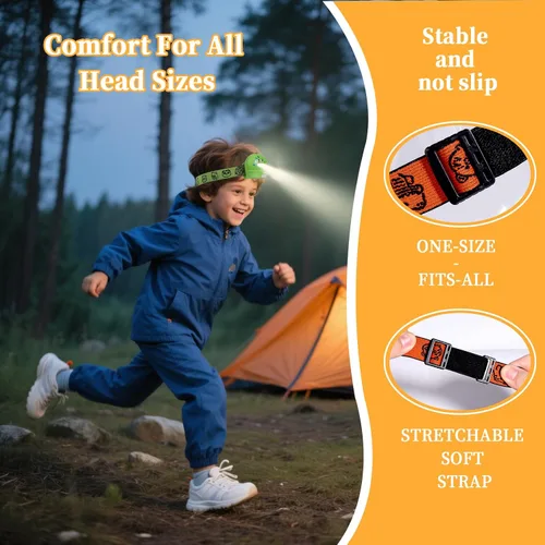 Vista 6 de KunHe Paquete de 8 Linternas Frontales LED para Niños con Diseños de Animales, Linterna Frontal Ajustable para Acampar, Correr, Rellenos
