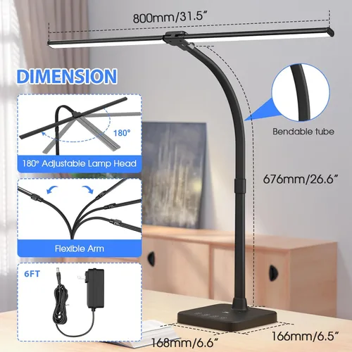 Vista 3 de ShineTech LED Desk Lamp, 24W Double Head Desk Light with Wireless Charging