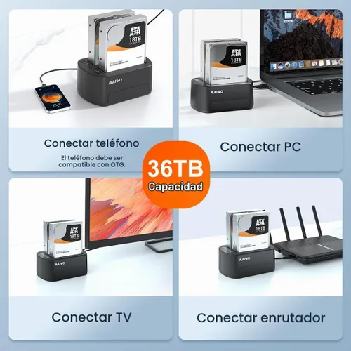 Vista 5 de MAIWO Estación de acoplamiento de disco duro externo con clon offline para 2.5/3.5" SATA HDD/SSD, 5Gbps con UASP, capacidad de 48 TB, duplicador