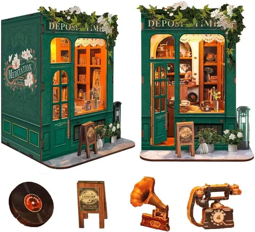 Vista 9 de Kit de rincón de lectura - Kit de casa de muñecas DIY en miniatura de madera con cubierta de polvo, estantería decorativa, rompecabezas 3D