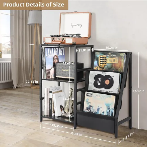 Vista 5 de Bikoney Soporte para Tocadiscos, Soporte para Tocadiscos con Almacenamiento de Discos de Vinilo de 3 Niveles, Mesa para Tocadiscos de Hasta 200