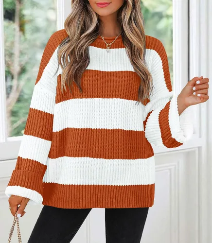 Vista 15 de ZESICA Suéter tejido sin botones de manga larga y cuello redondo, a rayas, bloques de color, cómodo, holgado, talla extragrande para mujer de 2024