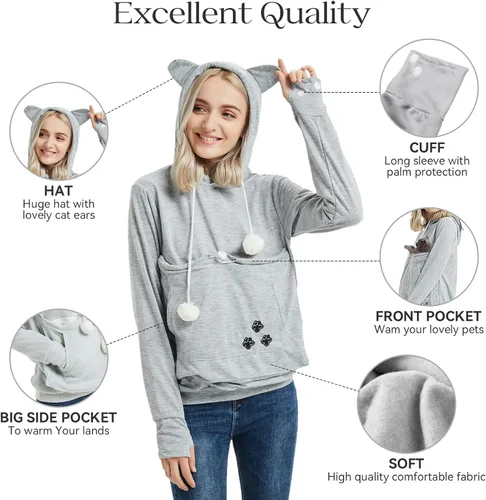 Vista 4 de YYW Sudadera con capucha para mujer, sudadera de gran tamaño con capucha para gatos, soporte para mascotas y perros (gris, M)
