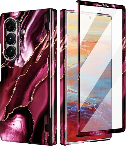 Vista 14 de Btscase Funda para Samsung Galaxy Z Fold 5, protector de pantalla frontal integrado, patrón de mármol dorado con purpurina de policarbonato duro