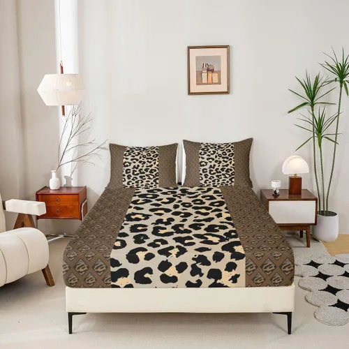 Vista 4 de Erosebridal Sábanas de cama de guepardo, sábana bajera con estampado de leopardo, tamaño individual, sábanas de rayas marrones, funda de cama