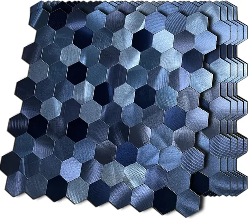 Vista 10 de XUANINY 10 azulejos de respaldo de metal para despegar y pegar, adhesivo de mosaico de aluminio para decoración de pared de cocina, diseño hexagonal