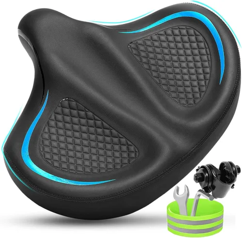 Vista 8 de CDYWD Asiento de bicicleta de gran tamaño para hombres y mujeres, cojín de asiento de bicicleta extra ancho, cómodo acolchado de ala, sillín