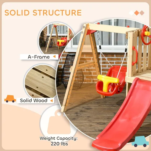 Vista 3 de Outsunny Juego de columpios para patio trasero, juego de madera para exteriores con asiento de columpio para bebé, tobogán para niños, fuerte, Rojo