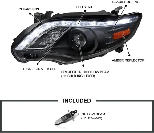 Vista 3 de SPEC-D TUNING Tira LED de faros delanteros de proyector negra compatible con Toyota Corolla 2011-2013, conjunto de faros delanteros izquierdo