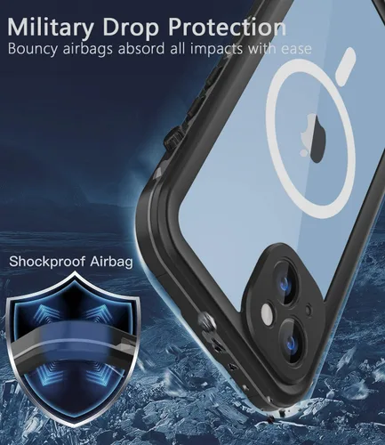 Vista 4 de Funda impermeable para iPhone 14, a prueba de golpes, a prueba de polvo, protector de pantalla integrado, anillo magnético negro