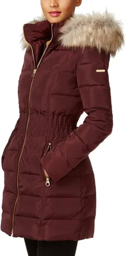 Vista 11 de Laundry by Shelli Segal womens Quilted Puffer Coat with Faux Fur-Trimmed Hood & Fit-and-Flare Waist Hueso