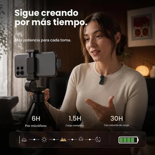 Vista 7 de Mini micrófono inalámbrico Lavalier para iPhone y cámara Android, micrófonos inalámbricos de doble canal con cancelación de ruido AI, rango de 328