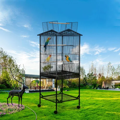 Vista 6 de WeGear Jaula para pájaros de hierro forjado de 47 pulgadas con tapa abierta y soporte rodante, jaula para pájaros mediana y pequeña para loros