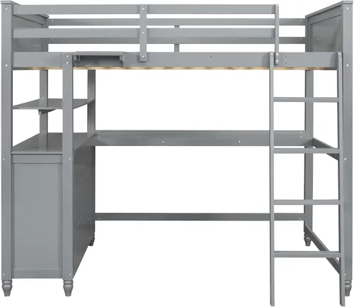 Vista 4 de Cama tipo loft tamaño matrimonial con escritorio y cajones de almacenamiento, cama alta tamaño matrimonial para adultos y niños, marco de cama