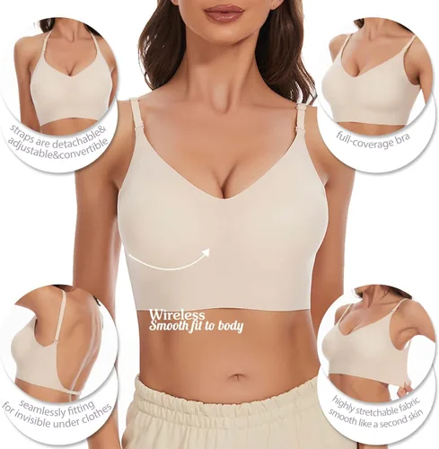 Vista 3 de Brasier de espalda baja para mujer, brasier sin espalda con tirantes convertibles multidirección, sin varillas, sin costuras, con relleno extraíble