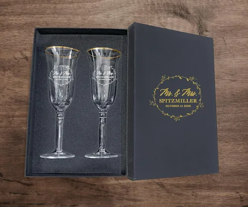 Vista 33 de Juego de 2 copas de champán personalizadas para boda grabadas con caja - Bride & Groom's Wedding Toast