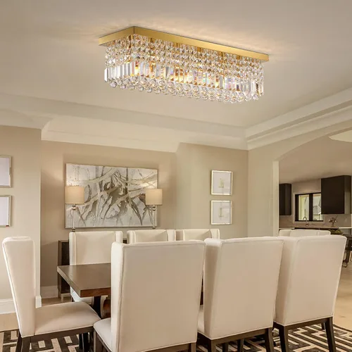 Vista 7 de Siljoy - Candelabro moderno de 6 luces con cristal, dorado, rectangular, con cristales K9, diseño de gota de lluvia, montaje empotrado