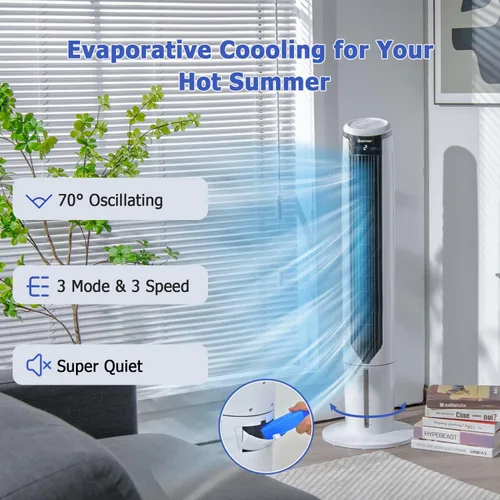 Vista 2 de ARLIME Enfriador de aire evaporativo, ventilador de torre de enfriamiento portátil 3 en 1 con control remoto, oscilación de 70°, 3 velocidades