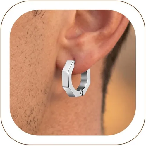 Vista 8 de ChainsHouse Huggie Hoop Earrings for Men Women, Stainless Steel A: Aro de cuentas (1 par) - Plata