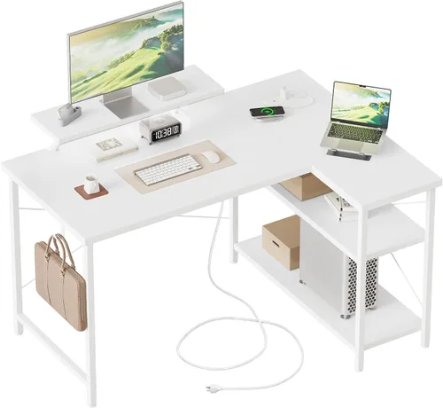 Vista 24 de Mericonia Escritorio pequeño en forma de L para computadora con tomas de corriente, escritorio de juegos para espacios pequeños, escritorio