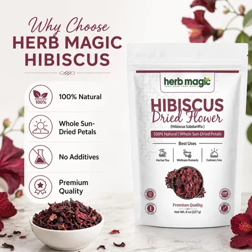 Vista 2 de Flores secas de hibisco perfectas para té y agua fresca mexicana, flor de jamaica, flores enteras y pétalos Herbmagic
