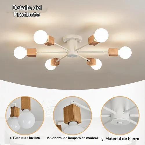 Vista 4 de Lámpara Sputnik Boho de 6 luces semiempotrada para techo, lámpara de techo de madera y blanca para comedor, sala de estar, dormitorio, cocina
