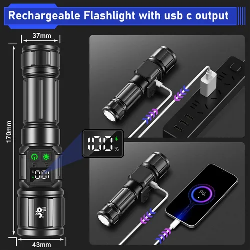 Vista 5 de JAY-PARK Linternas de alto lúmenes, linterna recargable de 100000 lúmenes con magnética, luz de flash brillante 9 modos con batería de 5000 mAh