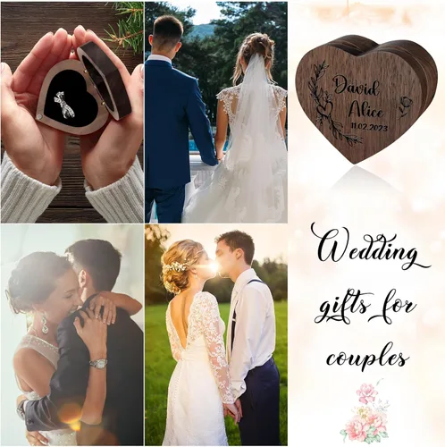 Vista 5 de Zhamate Caja de anillos de corazón personalizada, estuche de madera personalizado para anillos con texto y patrón, cajas de propuesta