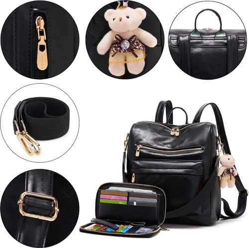 Vista 4 de Soperwillton Bolso de mochila para mujer. Bolsos de mano con diseño multiusos. Bolsa de hombro de cuero sintético. Bolsa de viaje. Juego de 2