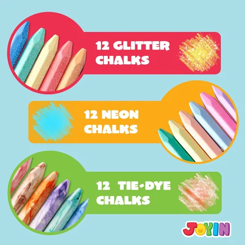 Vista 3 de JOYIN Juego de 36 tizas lavables para acera en 6 paquetes, 18 colores, incluyendo 12 teñido anudado, 12 purpurina y 12 tizas de color neón