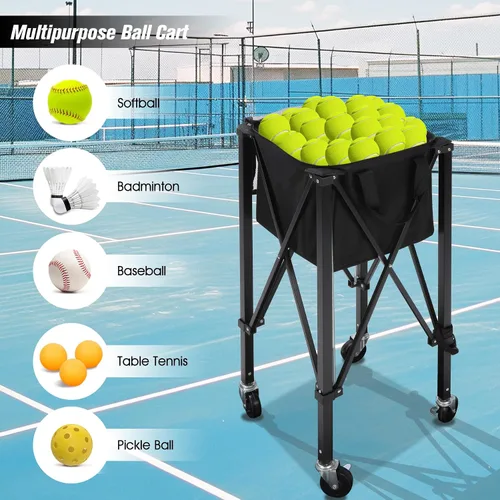 Vista 8 de Tolva portátil para pelotas de tenis con capacidad para 200 bolas, carrito de canasta de pelota de tenis con 4 ruedas y frenos, bolsa de tela Oxford