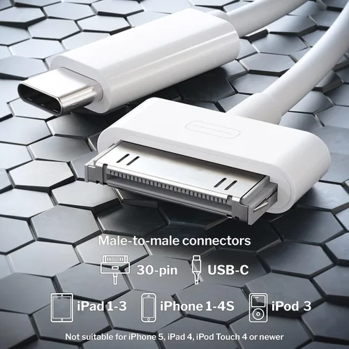 Vista 2 de KabelDirekt Cable adaptador de 30 pines a USB C para iPhone 4S/4/3G/3/1, iPad 3/2/1, iPod 3 – 3 pies – macho a macho, blanco