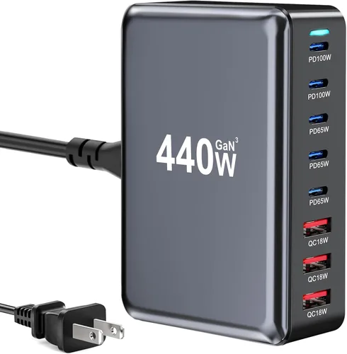 Vista 9 de 320W USB C Cargador Rápido de Bloque, Estación de Carga USB de 8 Puertos, Cargador de Pared para Laptop GaN Ⅲ Pro 100W PD PPS Puerto Estación