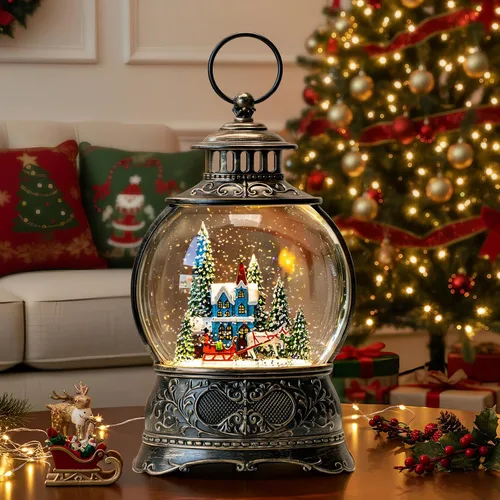 Vista 6 de Globos de Nieve de Navidad, Farol de Agua de Navidad con Carruaje e Iglesia Azul, Música y Temporizador de 6 Horas, Faroles Iluminados con Cable