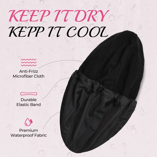 Vista 2 de Gorro de ducha para mujer, gorro de baño negro, reversible, grande, impermeable, ajustable, forro de rizo y banda elástica, dobladillo elástico