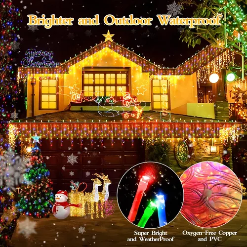 Vista 8 de FLVOECN 480 luces LED de Navidad de 49 pies, enchufables, 8 modos con temporizador, luces de hielo regulables, para exteriores, impermeables