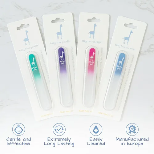 Vista 5 de Lima de uñas de bebé de jirafa azul: 100% fabricada en Europa, la lima de uñas original de cristal para bebé, bbg222_stickerless, Azul, 1