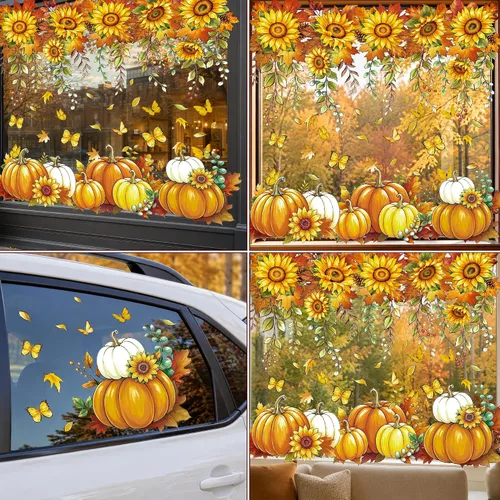 Vista 6 de Natonhi Adhesivos de ventana de otoño, calcomanías de girasol de calabaza Otoño-Naranja