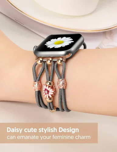 Vista 4 de TOYOUTHS - Pulsera floral compatible con Apple Watch de 1.65/1.61/1.57/1.49 pulgadas para mujer, correa de nylon elástica y trenzada con cuentas Gris