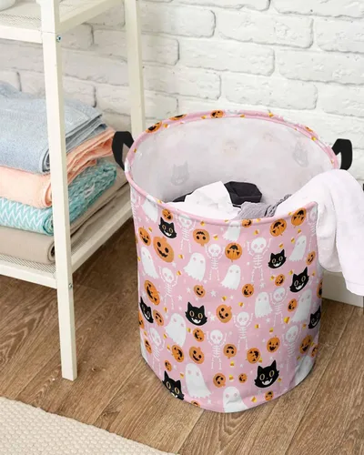 Vista 7 de Cesta de lavandería rosa para Halloween, bolsa plegable con asas fáciles de transportar, pequeña cesta plegable independiente, plegable, Blanco
