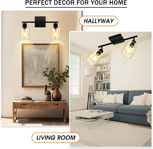 Vista 6 de Accesorios de iluminación de riel de techo para cocina, luces de pared negras de 2 luces, iluminación LED moderna con pantalla de vidrio, cabezal
