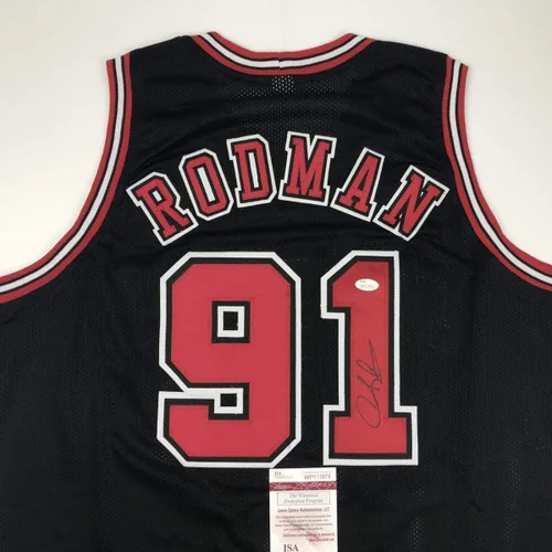 Vista 2 de Camiseta de baloncesto negra de Chicago de Dennis Rodman autografiada/firmada JSA COA