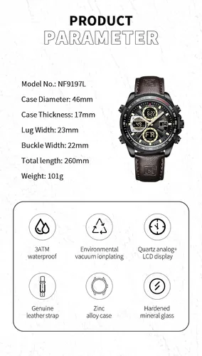 Vista 14 de NAVIFORCE Relojes digitales militares para hombre, reloj analógico de cuarzo, resistente al agua, reloj deportivo multifuncional de cuero