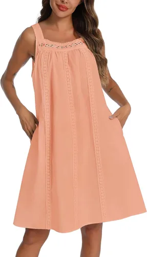 Vista 20 de YOZLY - Camisones de algodón sin mangas para mujer, camisón de tanque de noche con bolsillos A-Solid Blanco